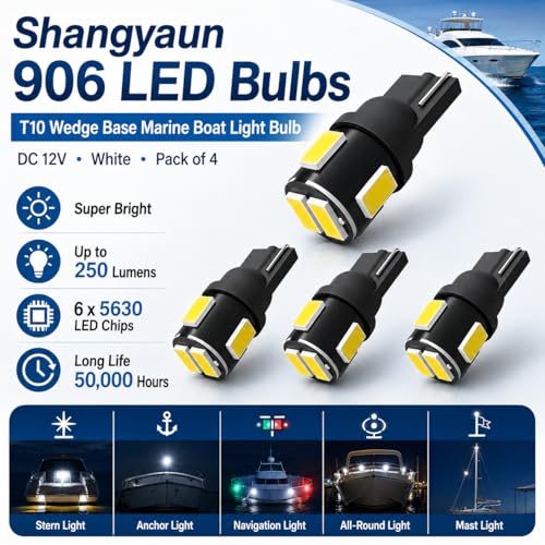 906 LED Boat Bulbs - T10 Wedge Base, 12V White 6000K, Pack of 4