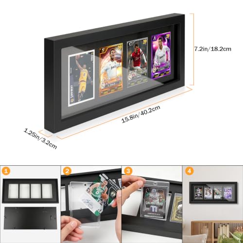 Solid Fir Wood 4-Grid Trading Card Display Frame with 4 x 35pt Holders, Black - Wall Mount