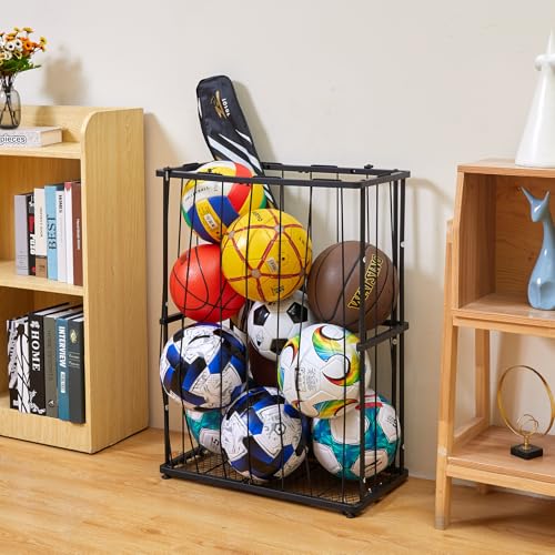 Wall-Mounted & Floor Sports Ball Storage Rack Organizer - Black