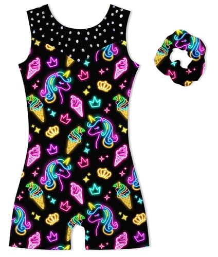 Sparkly Gymnastics Leotard Unitard with Shorts - Neon Unicorn Black, 5-6 Years