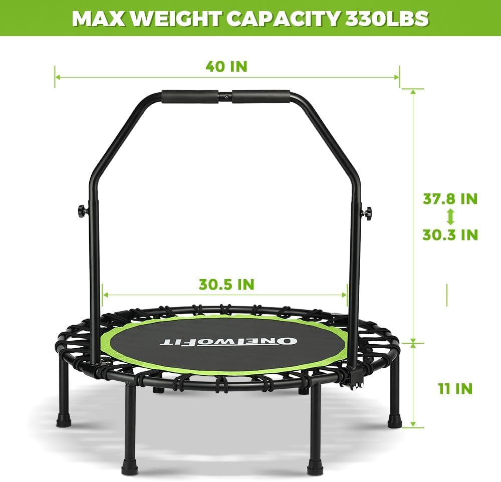 ONETWOFIT Foldable Rebounder Trampoline for Adults, 40/42/45” Mini Fitness Trampoline W/Adjustable Foam Handle Bungees, Quiet Exercise Trampoline for Personal Indoor Workout (40IN-with Handle)