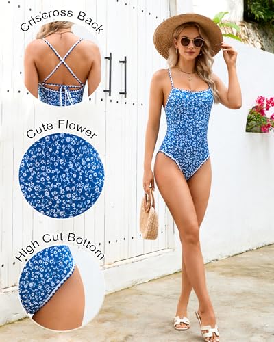 Jolefille Women's Navy Blue Small Floral One-Piece Swimsuit with Tummy Control
