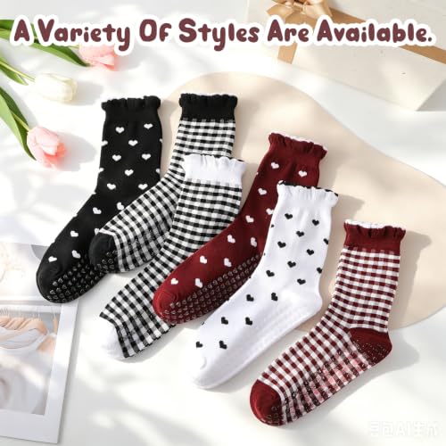 Cute Ruffle Pilates Grip Socks - Solid Heart Gingham Series