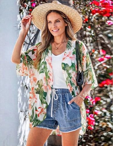 BB&KK Women's Chiffon Kimono Cover Up – Loose Open Front, White/Leaf, Size Large