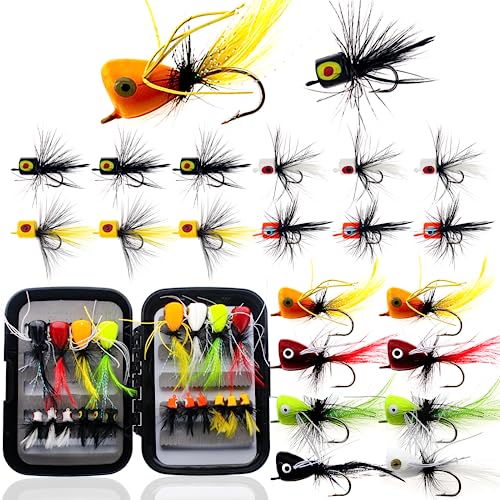 Ghanneey 20pcs Fly Fishing Poppers Kit XL - Topwater Dry Flies for Bass Trout