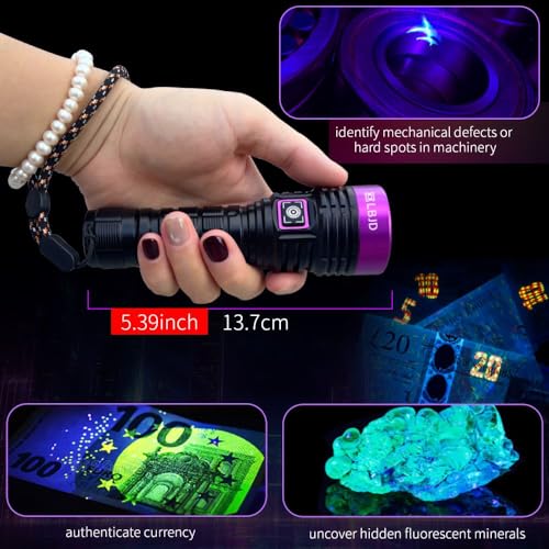 LBJD Rechargeable UV Black Light Flashlight 365nm for Pet Urine Detection - Black & Purple