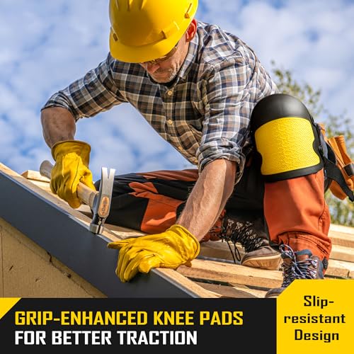 COOLJOB Heavy Duty Knee Pads with Anti-slip Strong Double Straps, Safety Work Knee Pads with Foam Padding for Men Women, Ideal for Gardening Construction Home Improvement, 1 Pair, Black/Yellow