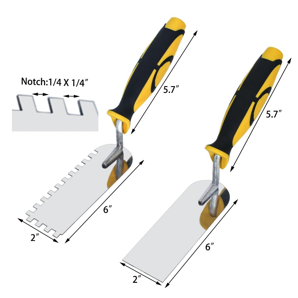 Concrete Tile Tools Set Stainless Steel Flat Plus Square-Notched Margin Trowel (Notch Size: 1/4", Overall Size 6" x 2") Stucco Cement Finishing Drywall Plastering Kit Masonry Construction Hand Tool
