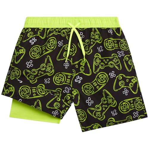 Boys Board Shorts Swim Trunks with Compression Liner - Black Lime Gaming