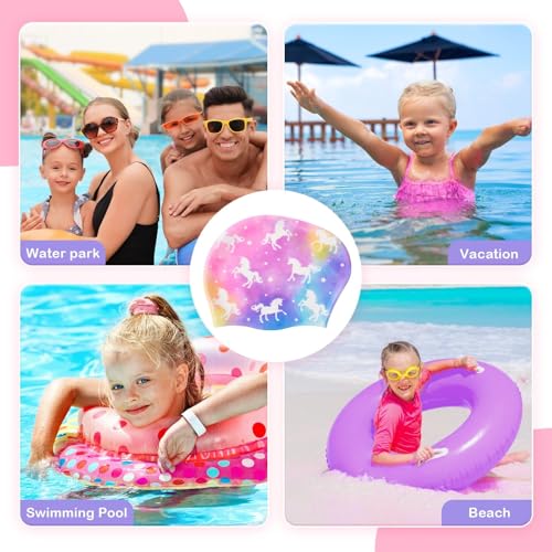 WAWSAM 2 Pack Kids Silicone Swim Caps Unicorn Mermaid Design for 3-8 Years – Purple Mix (Long & Short Hair)