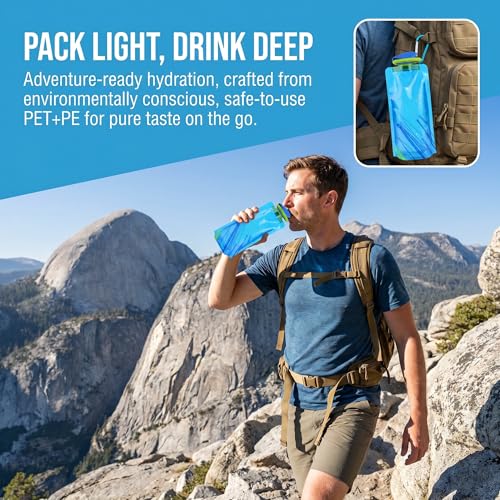 Collapsible Water Bottles - 23oz Foldable with Carabiner - Blue