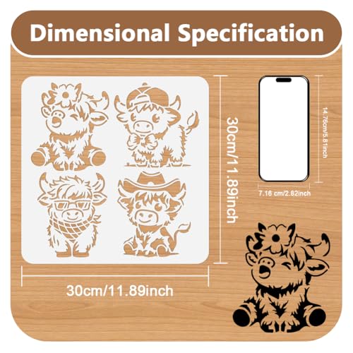 4 Styles Cartoon Highland Cow Stencil for Painting, 11.8"x11.8" Reusable Cute Animal Stencil Drawing Template, DIY Craft Paint Template for Wall Home Decor Wood Burning Card Farmhouse Fabric