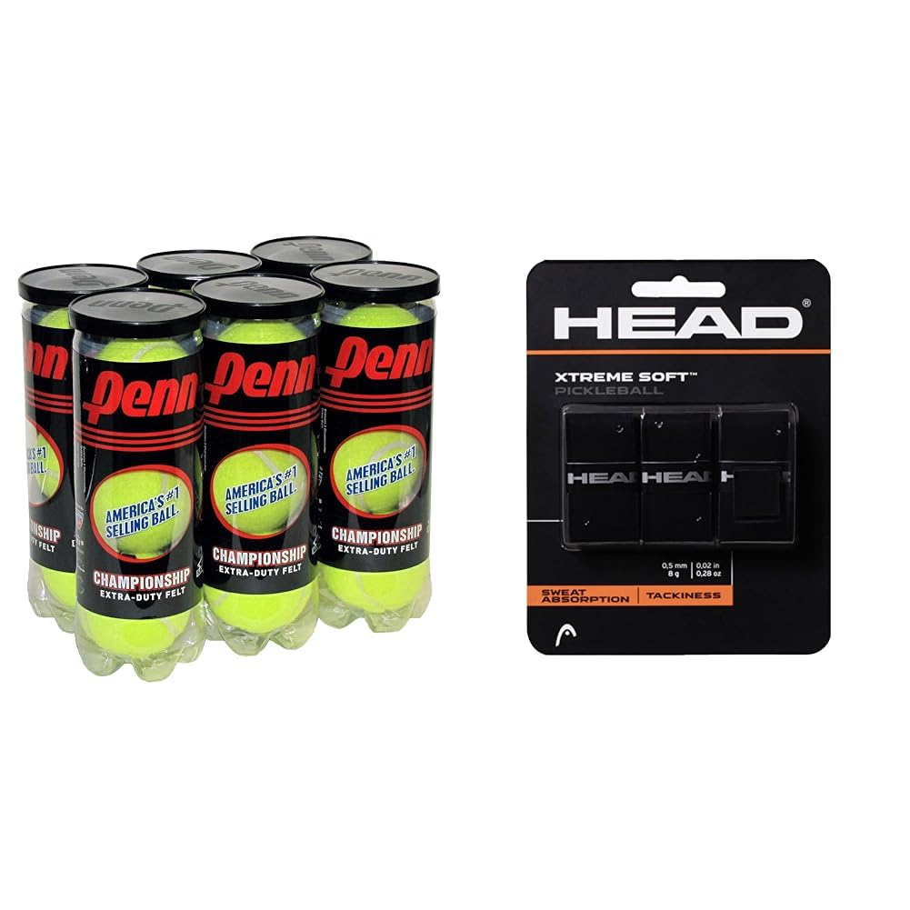 PENN Championship Tennis Balls - Extra Duty Felt Pressurized Tennis Balls - 6 Cans & Head Unisex Adult 12 XtremesoftTM Head Xtreme Soft Racquet Overgrip Tennis Racket Grip Tape 3 Pack Black