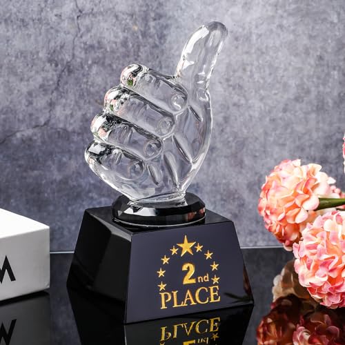 LONGWIN 2nd Place Trophy Set with Glass Thumbs Up Award for Sports & Parties