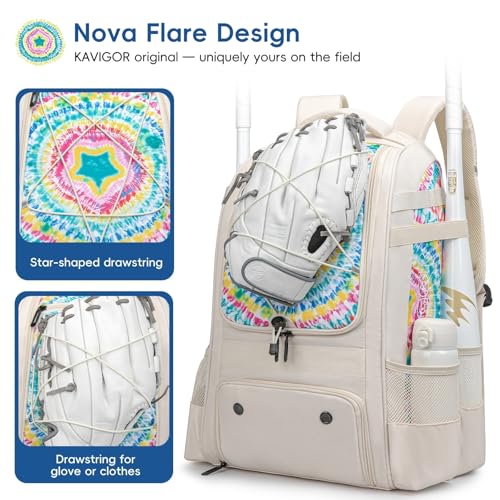 KAVIGOR Beige Baseball Bag for Youth - Large Capacity Softball Backpack with Shoe Compartment & Bat Holders