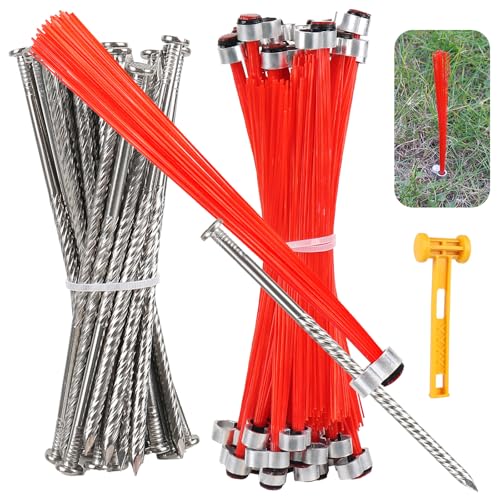 30 Pcs Neon Orange Ground Marking Whiskers with Stakes for Survey Landscaping & Hunting