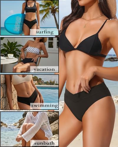 Daci Women Cheeky High Cut Bikini Bottoms - Black, Medium - V Cut, Mid Rise Swimwear