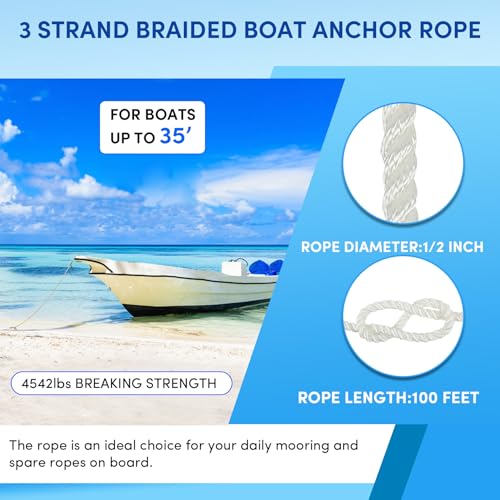 VEITHI 1/2in x 100ft Boat Anchor Rope with Stainless Thimble & Shackle White, 3-Strand Marine Line