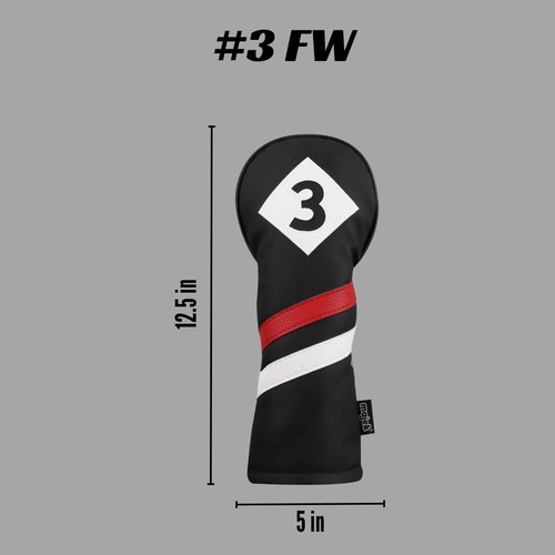 Majek Retro Golf Headcover Black Red and White Vintage Leather Style #3 Fairway Wood Head Cover Classic Look