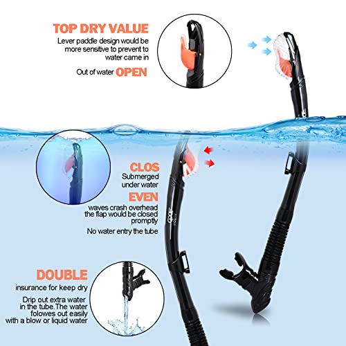 Adult Snorkel Set with 3 Window Mask & Dry Top Snorkel - Black