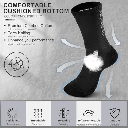 Anti-Slip Grip Soccer Socks - Cushioned Sports Sock, Black - 4 Pairs, Medium