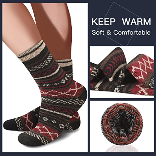 Heatuff Mens Warm Wool Socks 5 Pairs Multicolor Thermal Crew Pattern Socks Winter