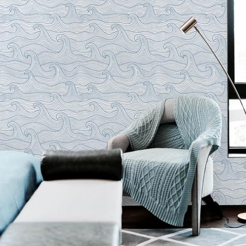 Okydoky Peel and Stick Wallpaper, Modern Wave Self-Adhesive Wall Paper, Blue Removable Wallpaper, Contact Paper for Bedroom Cabinet Bathroom Decoration 17.3"x118", No.96141-1-3
