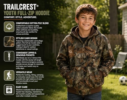 TrailCrest Boys Large Camo Full Zip Hoodie Sweatshirt for Outdoor & Casual Wear