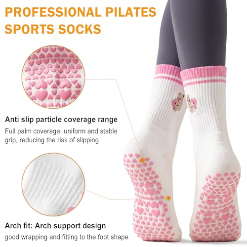 Anti-Slip Pilates Socks for Women - Breathable Yoga Socks - Pink Bear