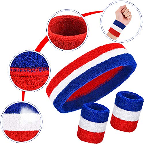 Bememo 15-Piece Sports Sweatband Set for Men Women - Headbands & Wristbands, Red White Blue