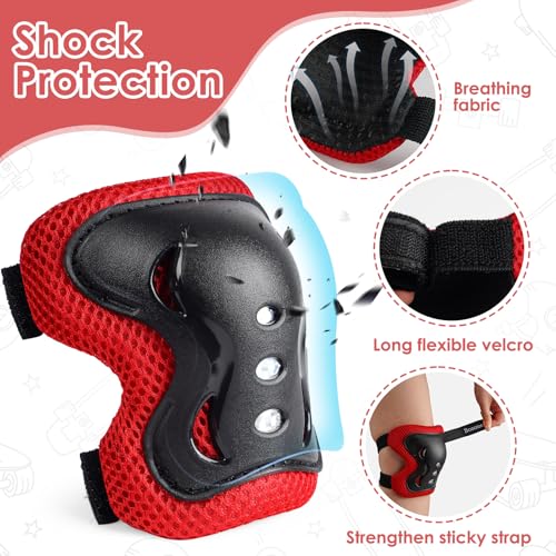 Kids Protective Gear Set - Knee Pads, Elbow Pads & Wrist Guards - Black/Red, Small (3-8 Years)