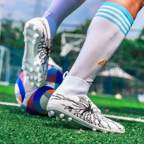 Men's Soccer Cleats High-Top Lightweight Football Shoes White 9.5 Women / 8 Men HRJR