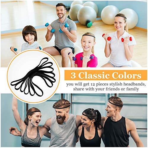 12 Pcs Non-Slip Elastic Headbands for Sports - Black