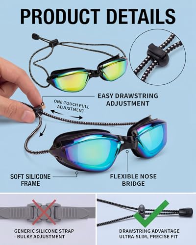 Swimming Goggles with Adjustable Bungee Strap - Black Gold-Plated & Black Purple-Plated