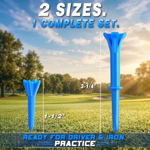 Blue 150 Pack Golf Tees 3-1/4" & 1-1/2" with 5-Prong Head - Stable Low-Resistance Practice & Driver Tees