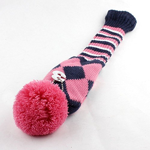 Craftsman Golf Knit Pom Pom 3pcs Headcover Set Vintange Sock Covers for Driver and Woods (Navy Argyle Pink White)