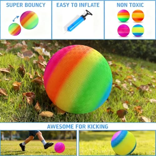 INTOWIND Rainbow 4 Pack 8.5in Playground Balls - Kids Dodgeball Kickball Set with Hand Pump