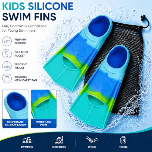 Kids Swim Fins Short Blade Pool Training Flippers for Children Blue/Green XXS US Kids 11.5-13