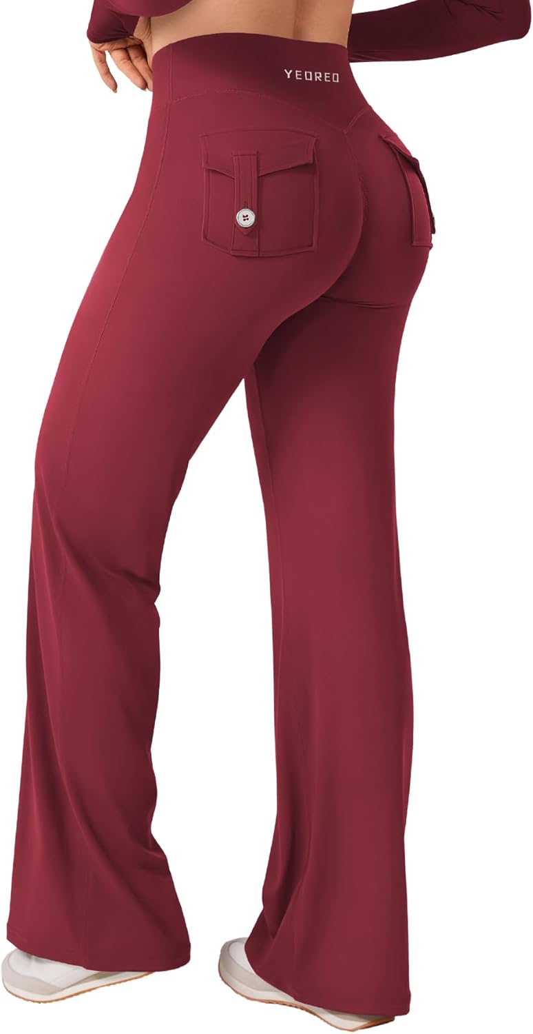 YEOREO High Waist Yoga Pants - Straight Leg Leggings with Pockets & Hidden Scrunch Design