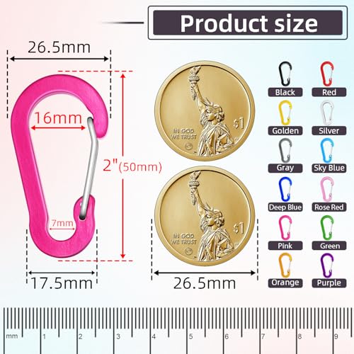 12pcs 2-Inch Aluminum Carabiner Clips - Assorted Colors