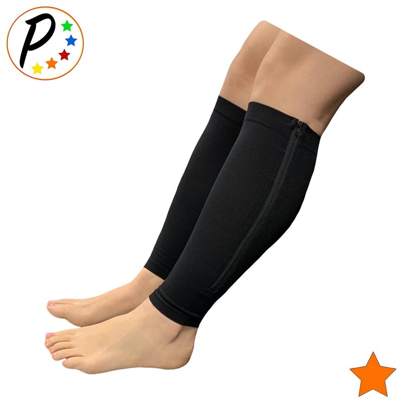 Presadee Calf Zipper 15-20 mmHg Compression Leg Circulation Fatigue Shin Sleeve (Black, L/XL)