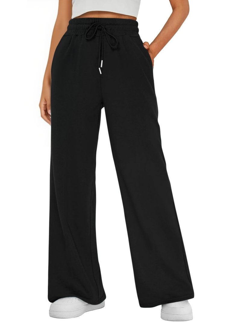 Bellcoco Womens Wide Leg Sweatpants High Waisted Baggy Track Pants Drawstring Casual Athletic Pants with Pockets Black L