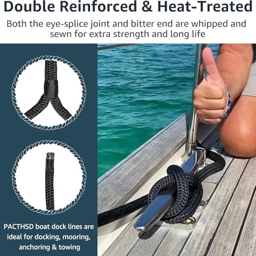 PACTHSD 3/8" x 20' Dock Lines (Pack of 2) - Double Braided Nylon Boat Rope with 12" Eyelet