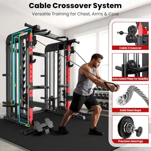 P43 Power Cage Smith Machine with 2000LB Squat Rack & LAT Pulldown