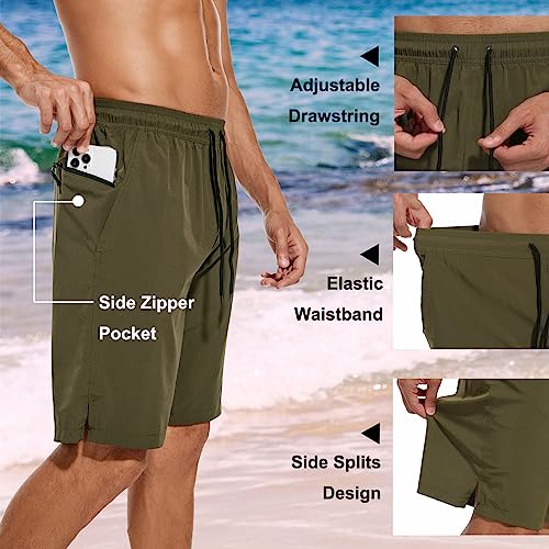 Difficort Men's 9" Army Green Swim Trunks - Large Waterproof Bathing Shorts