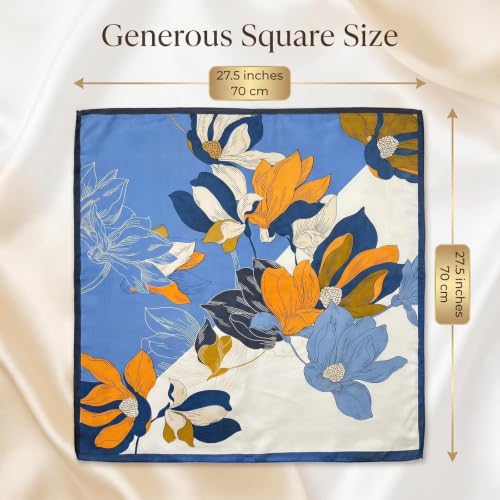 Satin Square Scarf for Women - 27.5" Lightweight Silk Feel - Blue Orange Abstract