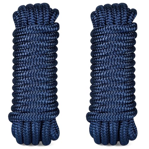 Boat Dock Lines 2 Pack 3/8" x 15' - Boat Ropes for Docking with Loop, Marine- Grade Double Braided Nylon Dock Line, 3/8 Nylon Rope for Mooring, Towing, and Anchoring, Boat Gifts for Men (Navy Blue)