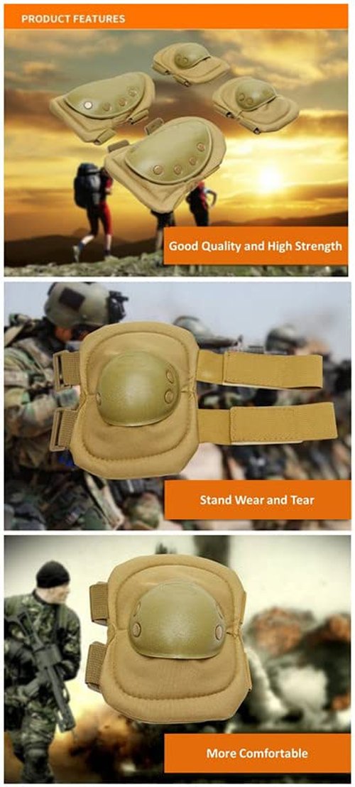 First to act tactical Military Tactical Knee Pad Elbow Pad Set Airsoft Knee Elbow Protective Pads Combat Paintball Skate Outdoor Sports Safety Guard Gear (Black-Set of 4, M-for Adult)