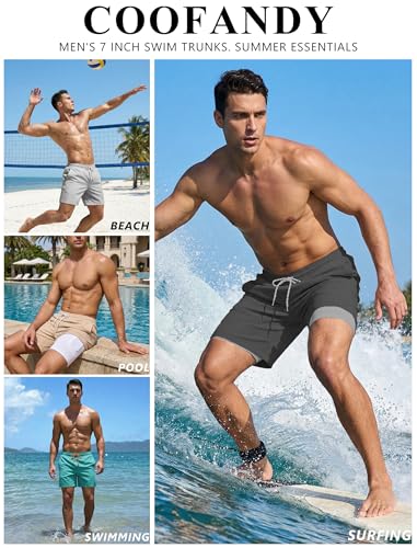 COOFANDY Men's 7-inch Black Swim Trunks with Compression Liner & Zipper Pockets - Large