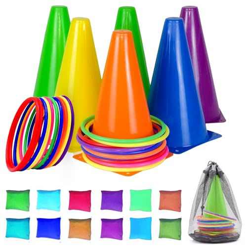 3-in-1 Ring Toss Game Set with 12 Rings, 12 Bean Bags & 6 Cones | Outdoor Carnival Yard Family Fun